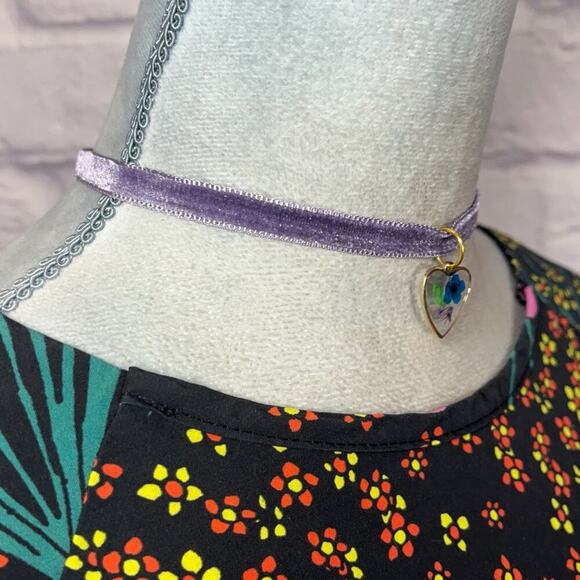 Handmade Dried Flower Heart Pendant Velvet Choker Necklace - Purple - Picture 2 of 5